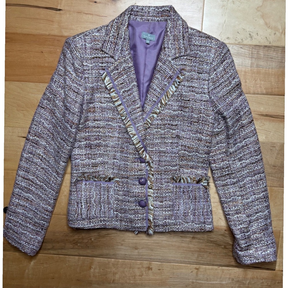 Naf Naf Tweed Blazer Women 38 Purple Multi Fringe Trim Button Front Jacket